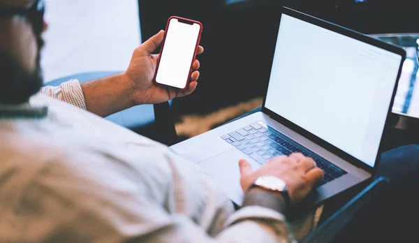 Rear Close Caucasian Young Man Holding Blank Display Phone Hands — Stok Foto