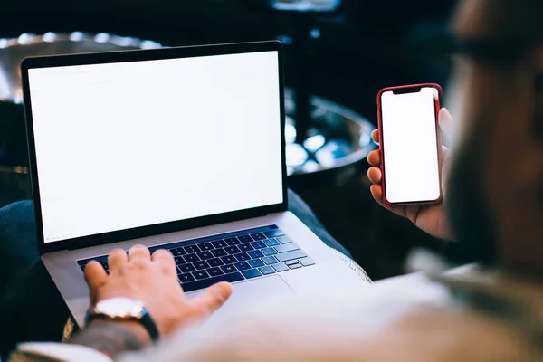 Back Close Caucasian Young Man Holding Blank Display Phone Hands — Stok Foto