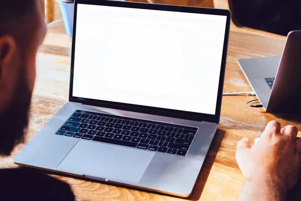 Cropped View Male Using Laptop Computer Mock Screen While Sitting — Stock Photo, Image