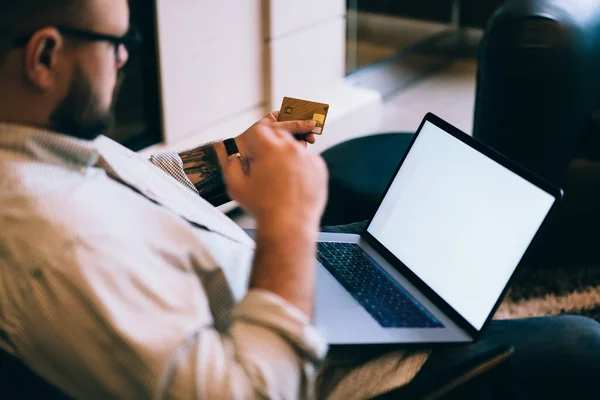 Close Back View Caucasian Young Man Holding Plastic Credit Card — Stock Photo, Image