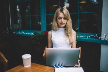 Açık kafede laptop kullanarak ciddi Freelancer