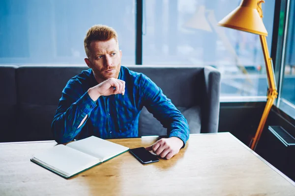 Pensive Hipster Guy Pondering Idea Content Text Own Web Blog — Stock Photo, Image