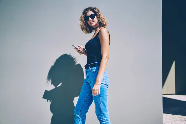 Half Length Portrait Stylish Millennial Hipster Girl Digital Gadget Hand — Stock Photo, Image