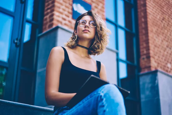 Contemplative Hipster Girl Trendy Sunglasses Thoughtful Looking Away While Resting — Stock Photo, Image