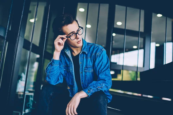 Serious Male Student Dressed Denim Apparel Sitting Stairs Feeling Pondering — Stock Photo, Image