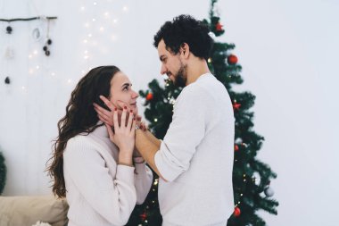 Aynı süveter içinde genç bir adam ve kadının yan görüntüsü. Parlak bir dairede duruyorlar. Çelenkler ve Noel ağacıyla süslenmiş ve birbirlerine sevgi ve nezaketle bakıyorlar.