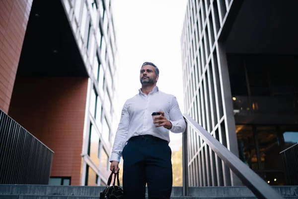 Pensive Male Entrepreneur Disposable Takeaway Cup Briefcase Hands Feeling Pondering — Stock Photo, Image