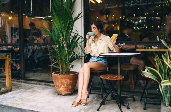 Young female in casual outfit sitting on chair at round table in outside cafe and drinking cup of coffee while browsing mobile phone