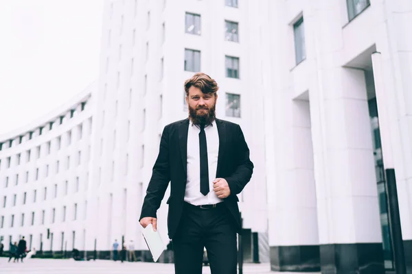 Confident Bearded Male Manager Brown Hair Wearing Black Suit Tie — Stock Photo, Image