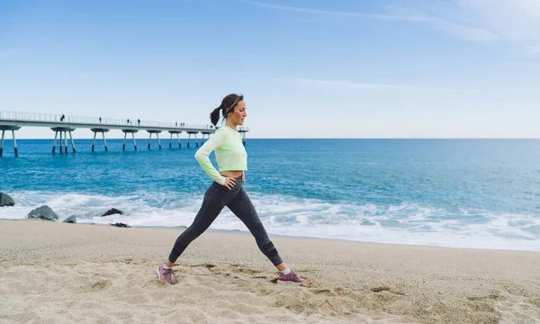 Side View Full Length Mature Female Activewear Standing Legs Apart — Stock Photo, Image