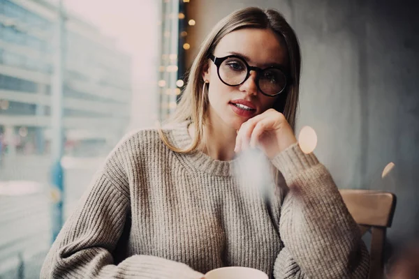 Half Length Portrait Attractive Hipster Girl Trendy Glasses Vision Protection — Stock Photo, Image