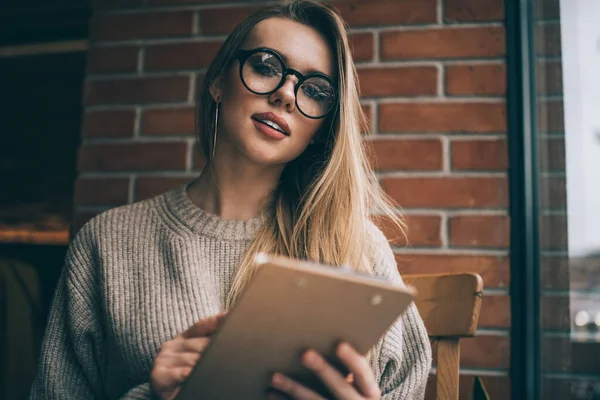 Young Sensual Female Blond Hair Eyeglasses Knitted Sweater Looking Camera — Stock Photo, Image