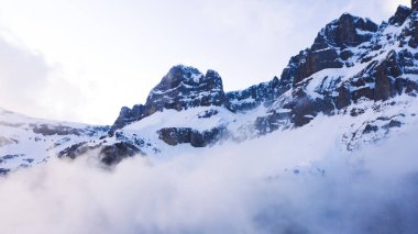 Manzaralı hava manzarası, bulutlarda uçan dron kışın karlı çam ağaçları, nefes kesen güzel doğa manzarası kuşları. 