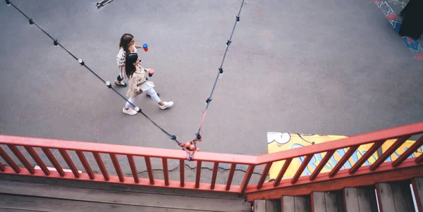 Ovanifrån Kaukasiska Kvinnliga Studenter Med Takeaway Cups Promenader City Urbanity — Stockfoto