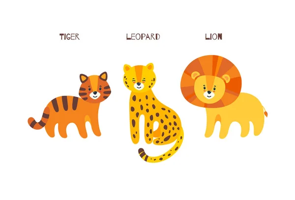 Leopardo, tigre e leão na ilustração vetorial. Retrato de grandes gatos —  Vetores de Stock