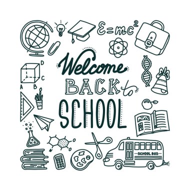 Harflerle okul pankartımıza dönelim. El yapımı nesneler. Karalama biçiminde vektör illüstrasyonu