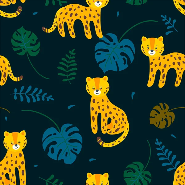 Selva sem costura padrão com leopardos e folhas. Ilustração vetorial em estilo plano — Vetor de Stock