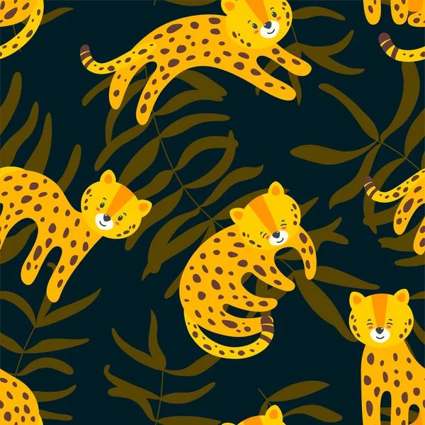 Джунгли бесшовный рисунок с леопардами. Тропическая векторная иллюстрация в плоском стиле — стоковый вектор