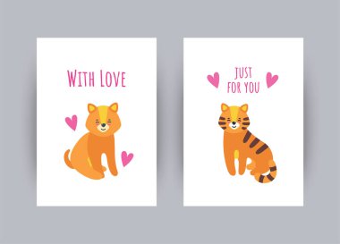 Yavru köpek ve kaplanlı tebrik kartları. Vektör illüstrasyonu