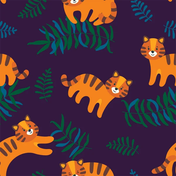 Selva sem costura padrão com tigres e folhas. Ilustração de vetor tropical em estilo plano —  Vetores de Stock