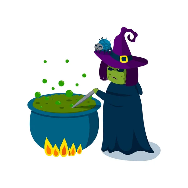 Hexe macht ihr grünes Gift im Hexenkessel. Vektorillustration für die Halloween-Party. — Stockvektor
