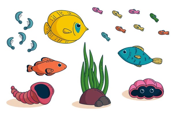 Set tropischer Fische. Elemets für Kinderbekleidung und Artikeldesign. Vektorillustration im niedlichen Cartoon-Stil — Stockvektor