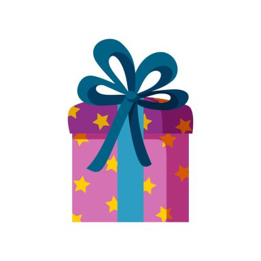 Fiyonklu renkli bir hediye. İçinde yıldızlı ambalaj kağıdı olan hediye kutusu. Vektör illüstrasyonu