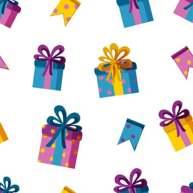 Kusursuz bir şekilde hediyeler ve bayraklar. Ambalaj kağıdı, arka plan, tekstil ve kumaş örnekleri. Vektör illüstrasyonu