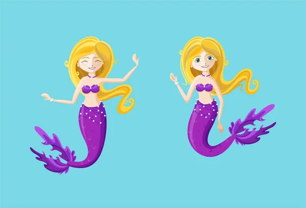 Set with mermaids in cartoon style. Русалки изолированы на синем фоне. Векторная иллюстрация. — стоковый вектор