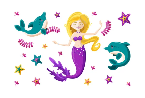 Set mit Fee Meerjungfrau, niedlichen kleinen Delfinen und bunten Seesternen. Tanzfreudige Meerjungfrau. Vektorillustration. — Stockvektor