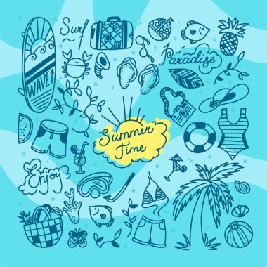 Yaz karalama seti. Su sporları, gevşeme ve tropikal tatil eşyaları. Vektör illüstrasyonu