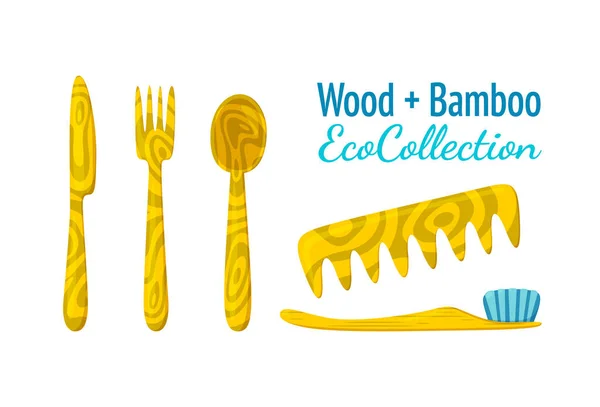 Collection éco bois et bambou. Substitut écologique de la culterie en plastique, peigne et brosse à dents. Illustration vectorielle — Image vectorielle