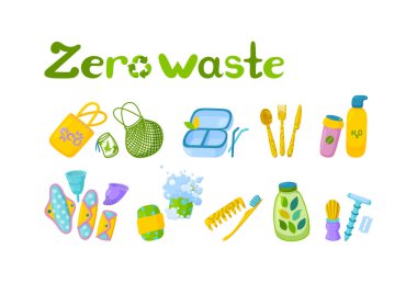 Set of zero waste items. Symbol of recycling and reusable items. Refuse, reduce, reuse and go green. Vector illustration clipart
