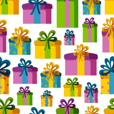 Şimdiki kutularla kusursuz desen. Bayram tasarımları için bir model. Vektör illüstrasyonu