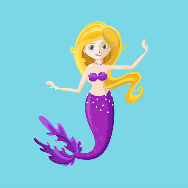 Fairy mermaid with purple tail. Cute dancing mermaid. Vector illustration.