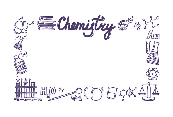 Obdélníková krabička složená z ikon chemie. Zkušební zkumavky, reakce, atom, molekuly, vzorec a další vědecké položky. Vektorová ilustrace ve stylu doodle — Stockový vektor