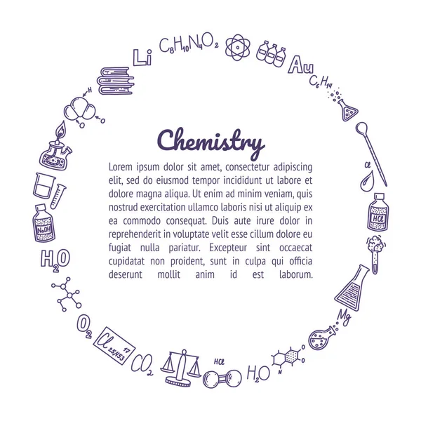 Ympyrä koostuu kemian kuvakkeet. Koeputket, reaktiot, atomi, molekyylit, kaava ja muut tieteelliset kohteet. Vektorin kuvitus doodle-tyyliin — vektorikuva