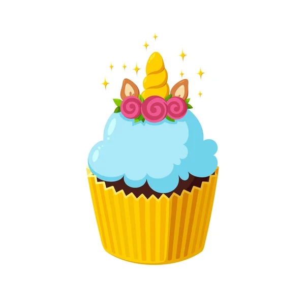 Cupcake licorne avec glaçage bleu clair. Gâteau de fées avec corne. Illustration vectorielle dans le style de dessin animé mignon — Image vectorielle
