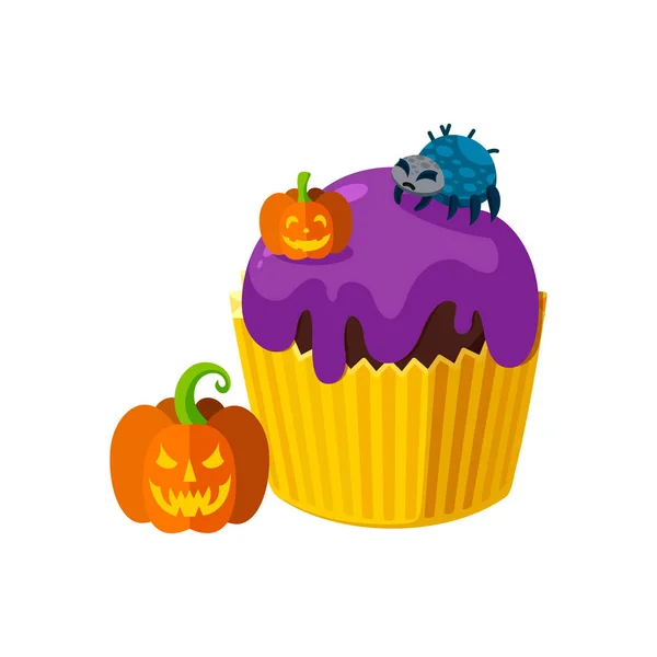 Halloween cupcake with spider and pumpkins. Orange and violet dessert for spooky halloween party. Vector illustration — Stock Vector