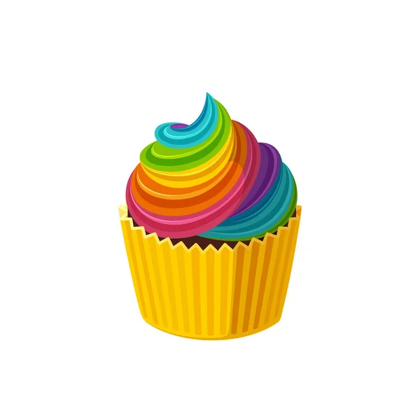 Cupcake arc-en-ciel avec glaçage. Gâteau de fée avec glaçage coloré arc-en-ciel. Illustration vectorielle dans le style de dessin animé mignon — Image vectorielle