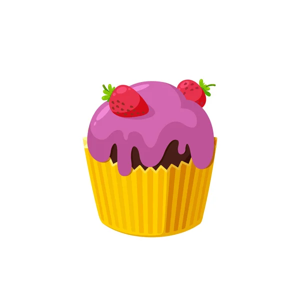 Cupcake con fragola. Torta di fata in bicchiere di carta. Dolce saporito con glassa colorata. Illustrazione vettoriale — Vettoriale Stock