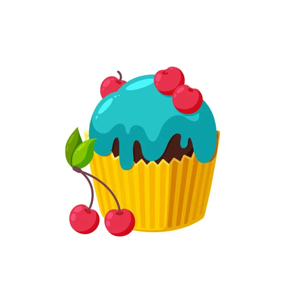 Cupcake avec cerise et glaçage bleu. Dessert savoureux avec glaçage brillant. Illustration vectorielle dans le style de dessin animé mignon — Image vectorielle