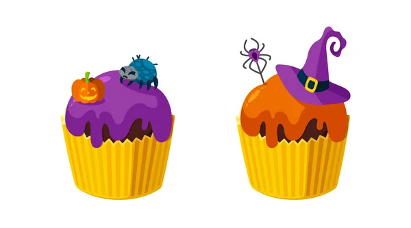 Cupcakes de Halloween com aranhas, abóbora e chapéu de bruxa. Sobremesa para a festa de Halloween. Ilustração vetorial —  Vetores de Stock