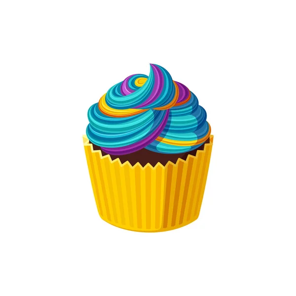 Cupcake arcobaleno con glassa colorata. Crema roteata. Dolce saporito con glassa blu arcobaleno. Illustrazione vettoriale — Vettoriale Stock