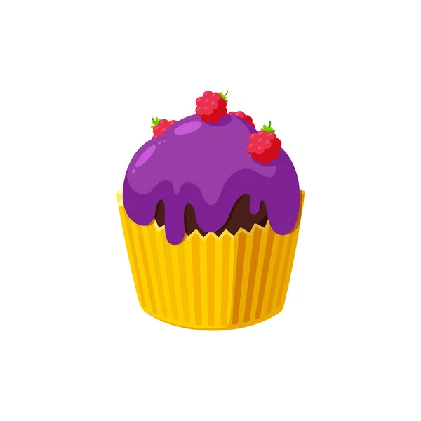 Cupcake con lampone e glassa viola. Torta di fata in bicchiere di carta. Dolce saporito con glassa colorata. Illustrazione vettoriale — Vettoriale Stock