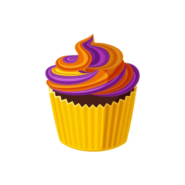 Halloween cupcake met draaiende glazuur. Muffin met paars en oranje glazuur voor Halloween feest. Vectorillustratie — Stockvector