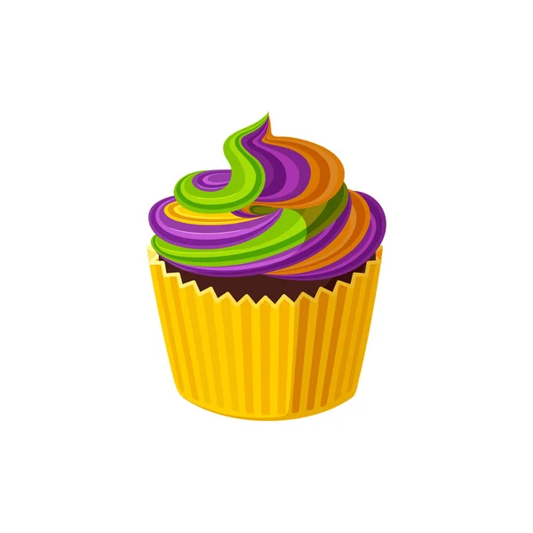 Cupcake à la crème tourbillonnée. Délicieux dessert d'anniversaire avec glaçage violet, jaune et vert arc-en-ciel. Illustration vectorielle — Image vectorielle