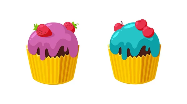 Cupcake com cereja e morango. Muffins com cobertura brilhante. Ilustração vetorial em estilo cartoon — Vetor de Stock