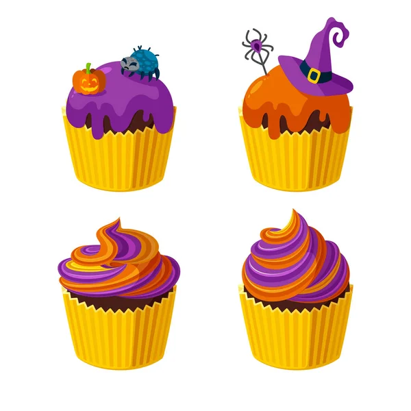 Cupcake di Halloween con ragni, cappello da strega e glassa a spirale. Dolci per Halloween. Illustrazione vettoriale — Vettoriale Stock