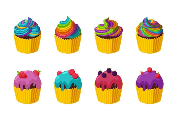 Cupcake con glassa colorata e arcobaleno. Un gran numero di cupcake isolati. Illustrazione vettoriale in stile cartone animato — Vettoriale Stock